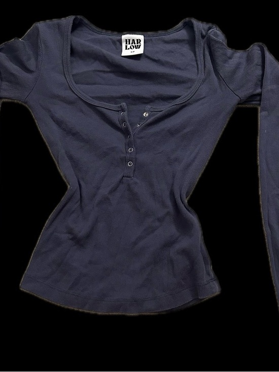 Harlow Tops - Harlow Navy Ribbed Scoop Neck Henley Long Sleeve Top